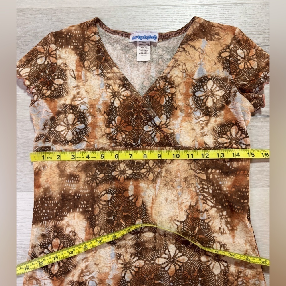 Y2K MissUnderstood V Neck Empire Mesh Brown Patterned Top, XL, fits like Medium - Picture 11 of 11